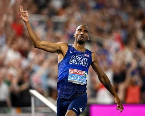 Matthew Hudson-Smith celebrates after winning the men's 400m final.