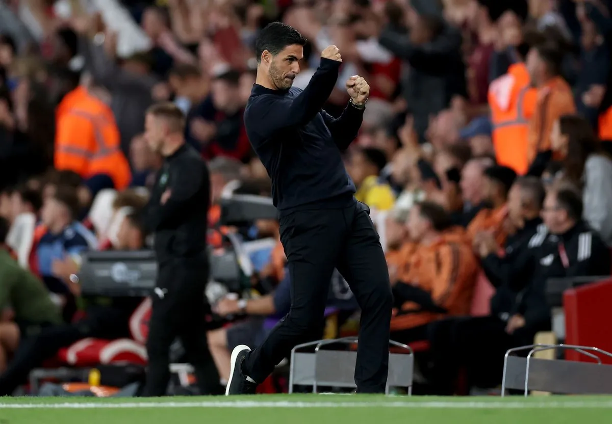 Mikel Arteta, Manager of Arsenal, celebrates after Kai Havertz of Arsenal (not pictured) scores his team’s first goal during the Premier League 2026/27 match between Arsenal FC and Coventry City at Emirates Stadium on August 21, 2026 in London, England.