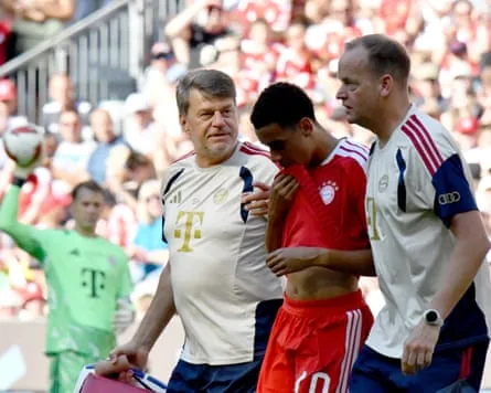 Jamal Musiala leaves the field during Bayern Munich’s friendly win over RB Leipzig on Saturday.