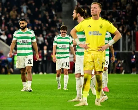 Celtic players look despondent after their Champions League qualifying defeat by Lask in Austria