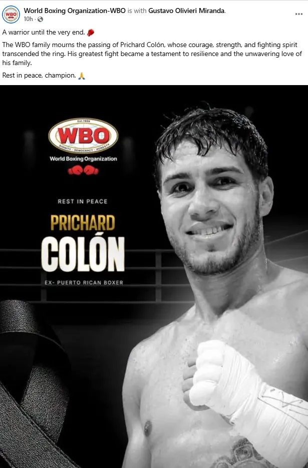 A post on the World Boxing Organisation's Facebook page paying tribute to Prichard Colón