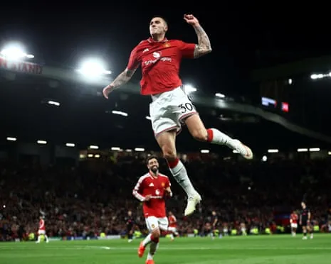 Benjamin Sesko celebrates after scoring Manchester United’s third goal before half-time.