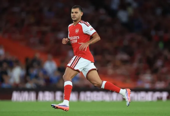 LONDON, ENGLAND - AUGUST 12: Bruno Guimaraes of Arsenal running during the pre-season friendly match between Arsenal FC and Como Calcio at Emirates Stadium on August 12, 2026 in London, England. (Photo by Nigel French/Sportsphoto/Allstar via Getty Images)