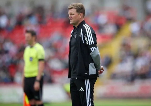 GATESHEAD, ENGLAND - JULY 25: Newcastle United manager Eddie Howe looks on during the pre-season friendly match between Gateshead and Newcastle United at Gateshead International Stadium on July 25, 2026 in Gateshead, England. (Photo by Ed Sykes/Getty Images)